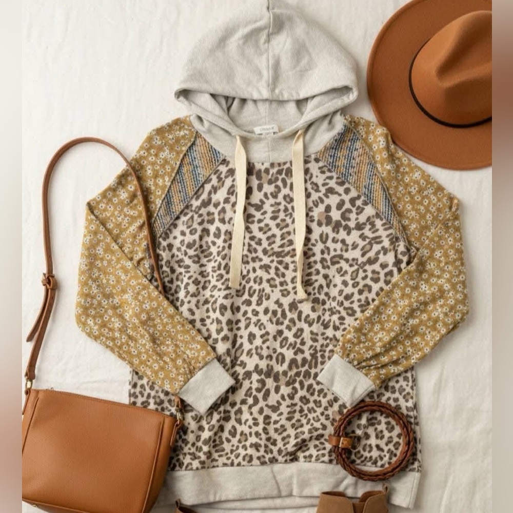 Sugarfox Mixed-Print Hooded Pullover Sweatshirt - Beige & Mustard